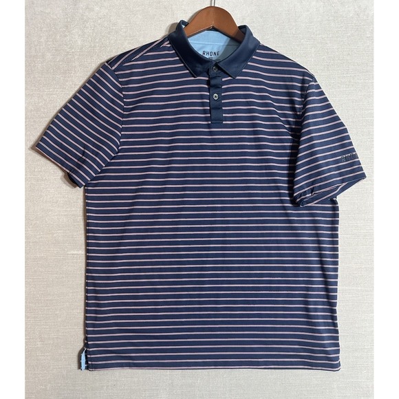 Rhone Polo Short Sleeve Shirt Mens Size Large Blue Red Striped Golf Stretch - Picture 1 of 7